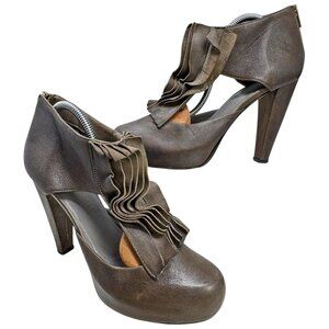 Loeffler Randall Dark Taupe Leather Ruffle Rear Zip Platform Heels‎